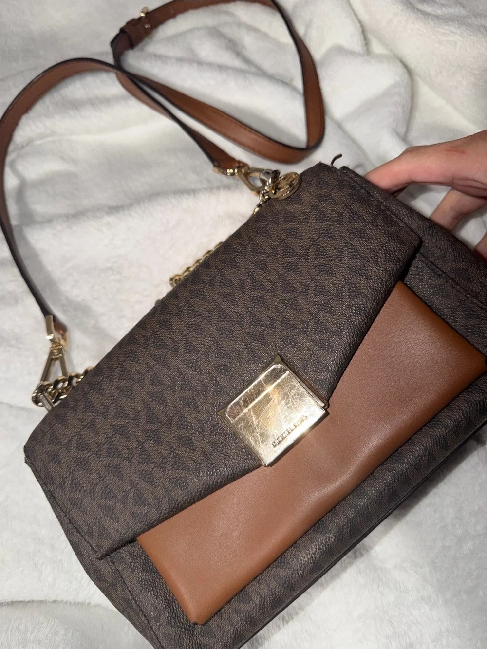 Michael Kors Brown Monogram Shoulder Bag with Tan Front Accent and Gold Chain